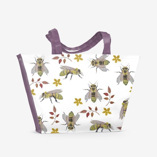 Пляжная сумка «Паттерн с пчелами на белом фоне»
