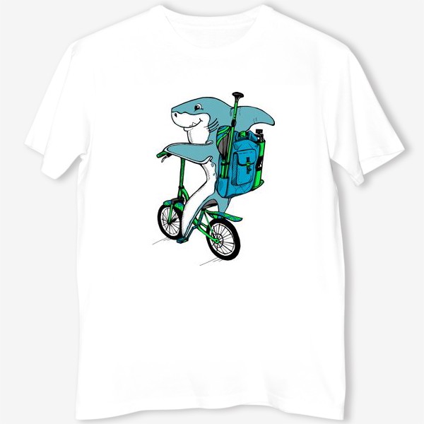 Футболка «Акула на велосипеде со снаряжением для сап серфинга»