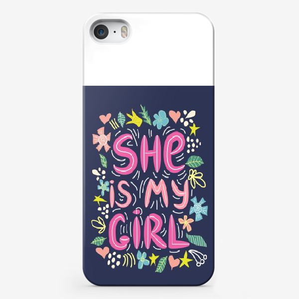 Чехол iPhone «Леттеринг "Она моя девочка" в сердечках и цветах на темном фоне»