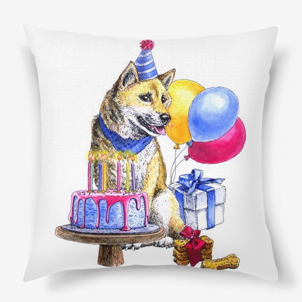 Подушка «Собака акиту ину празднует день рождения»