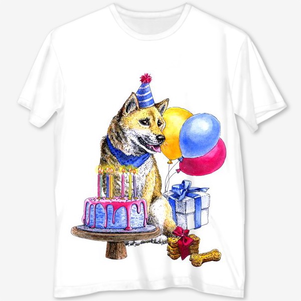 Футболка с полной запечаткой «Собака акиту ину празднует день рождения»