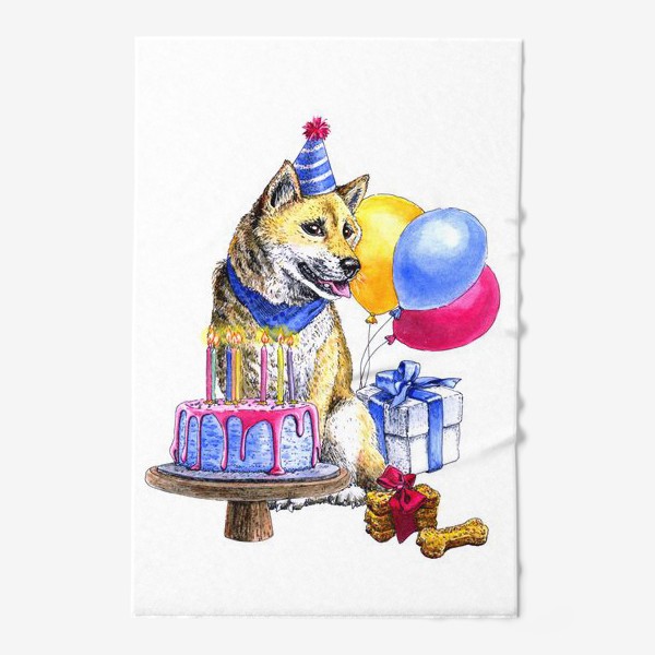 Полотенце &laquo;Собака акиту ину празднует день рождения&raquo;
