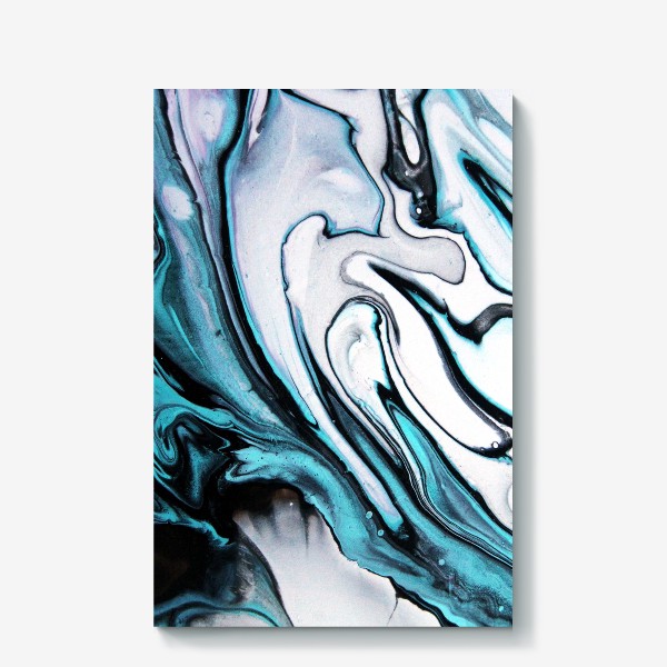 Холст «флюид арт, черно бело-голубая растительная абстракция, пятна»