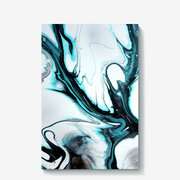 Холст «абстракция Fluid art, черно голубые плавные растительные линии на белом фоне »