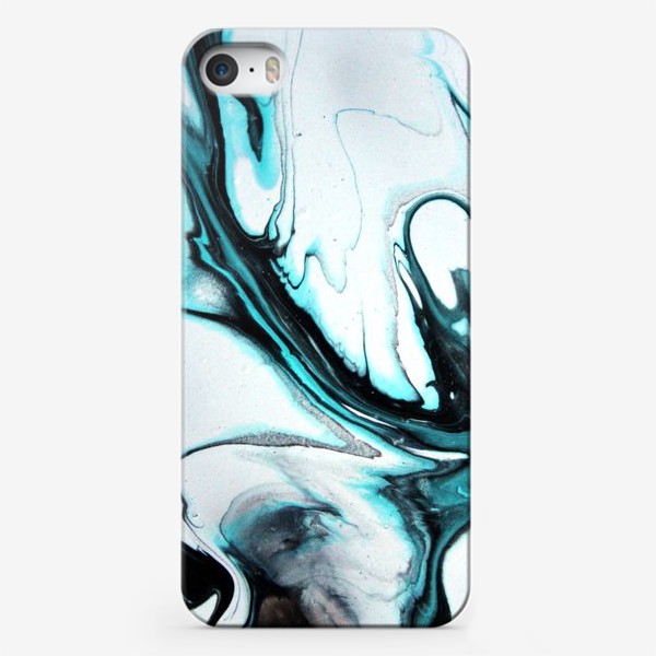 Чехол iPhone «абстракция Fluid art, черно голубые плавные растительные линии на белом фоне »