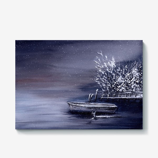 Холст &laquo;Зимний пейзаж озеро и лодка&raquo;