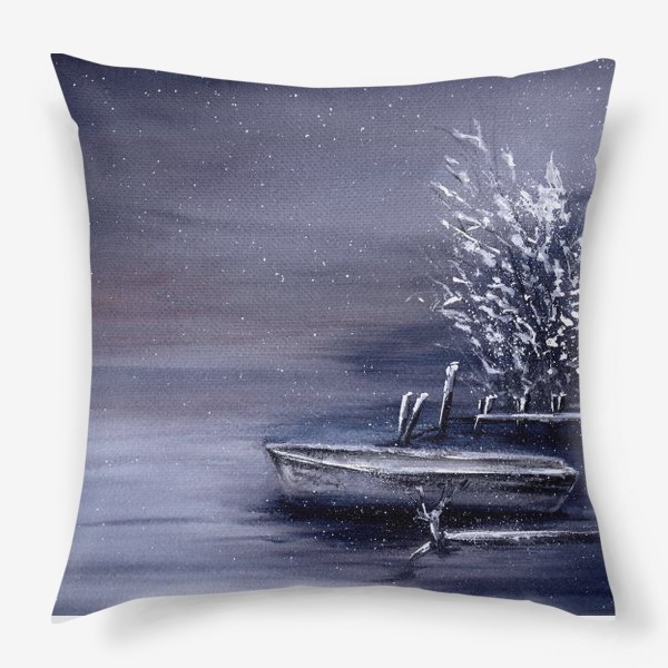 Подушка «Зимний пейзаж озеро и лодка»