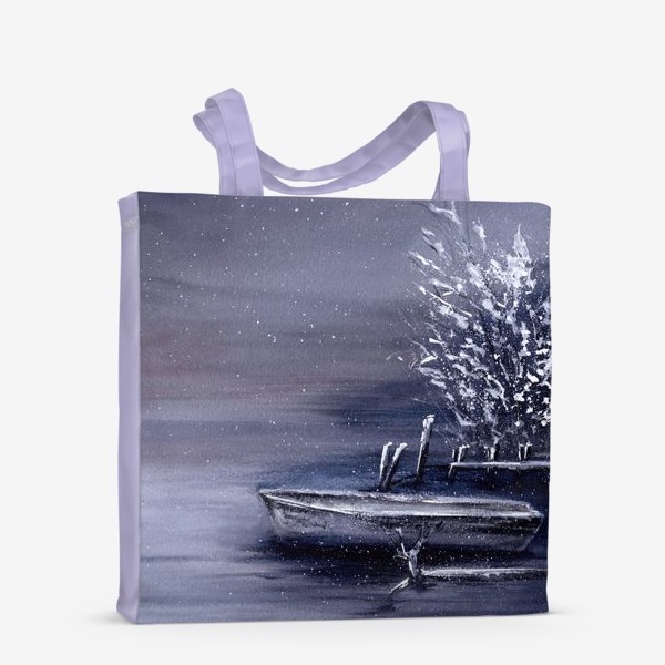 Сумка-шоппер «Зимний пейзаж озеро и лодка»