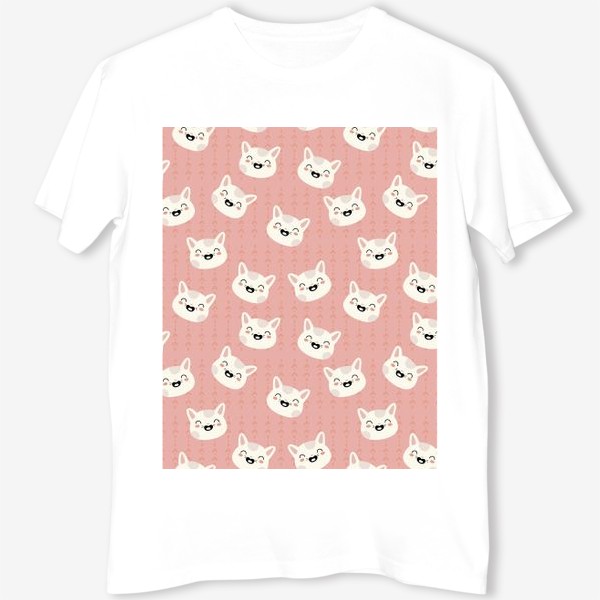 Футболка &laquo;паттерн белые мордочки кошек на розовом фоне &raquo;