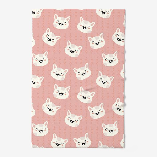 Полотенце &laquo;паттерн белые мордочки кошек на розовом фоне &raquo;