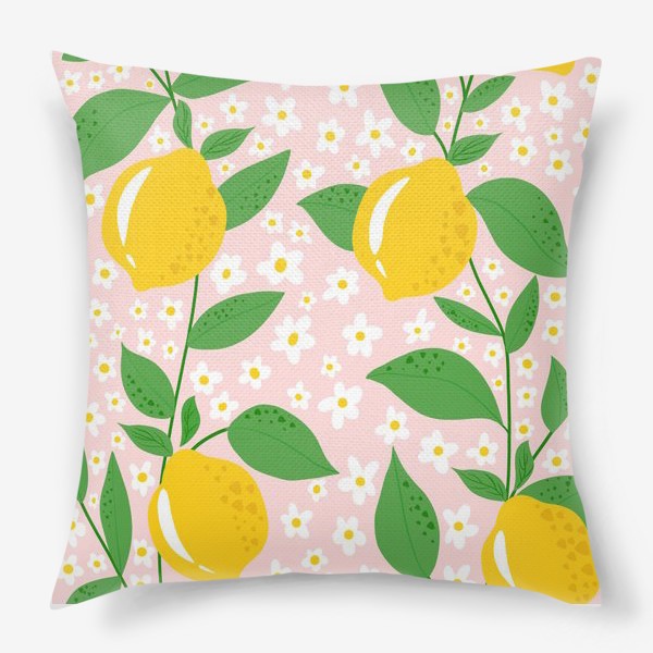 Подушка «Лимоны на нежном розовом фоне с цветами»