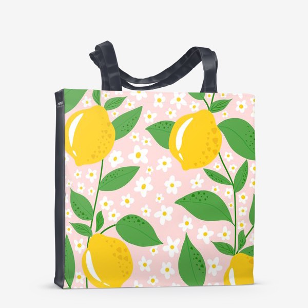 Сумка-шоппер «Лимоны на нежном розовом фоне с цветами»