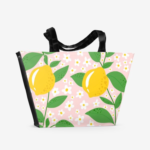 Пляжная сумка «Лимоны на нежном розовом фоне с цветами»