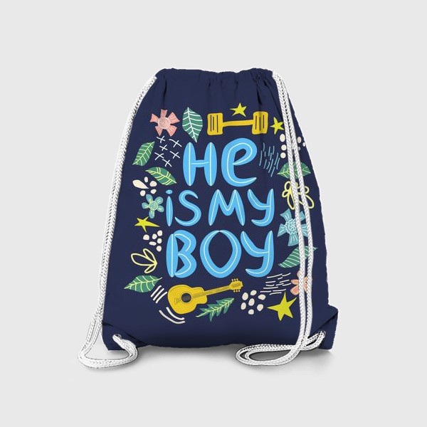 Рюкзак «Леттеринг "Он мой мальчик" в тематической рамке на темном фоне»