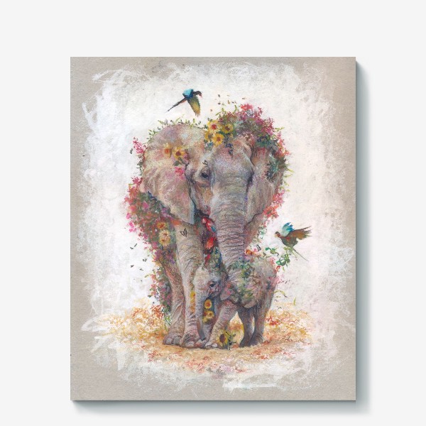 Холст «Цвет африки, слоны, цветы»
