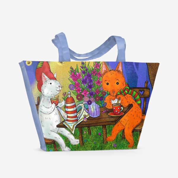 Пляжная сумка «Кот и лис пьют чай»