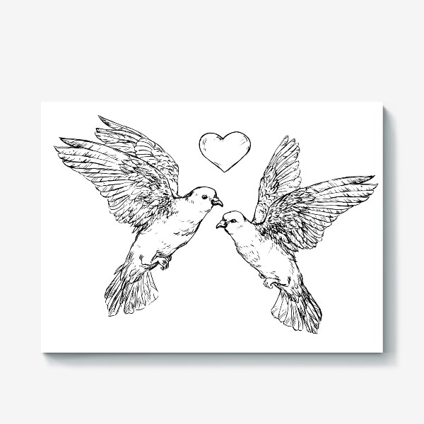 Холст &laquo;Пара голубей с сердцем - символ любви&raquo;