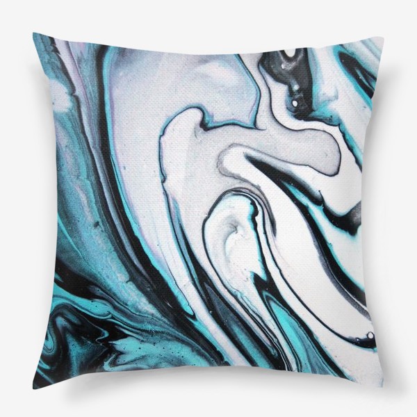 Подушка «флюид арт, черно бело-голубая растительная абстракция, пятна»