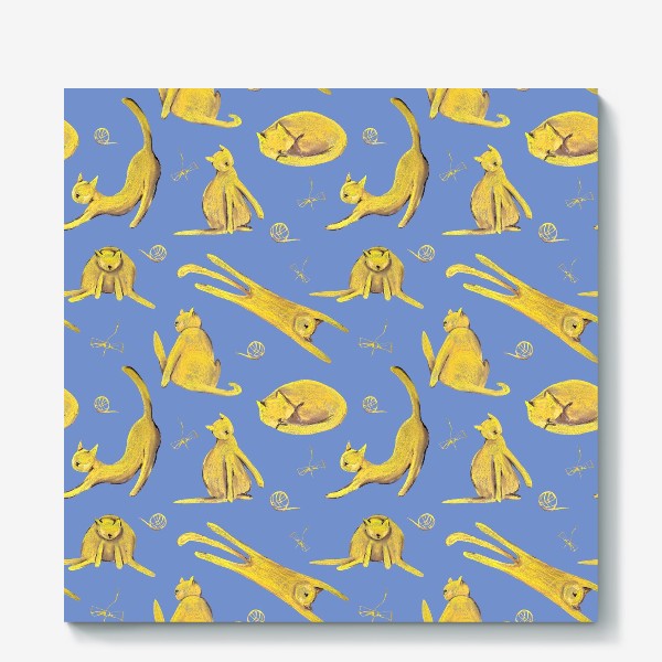 Холст «Желтые котики на голубом фоне Паттерн Узор с котами»