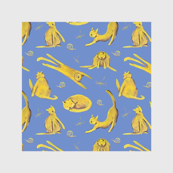 Шторы «Желтые котики на голубом фоне Паттерн Узор с котами»