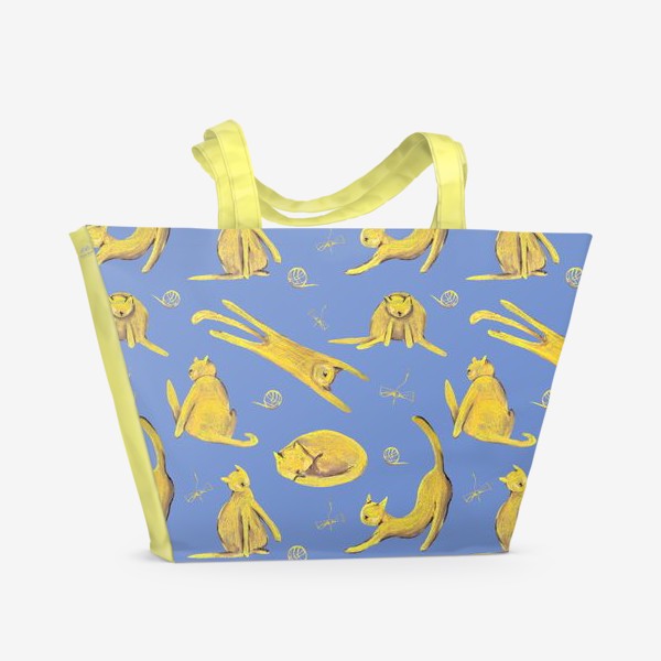 Пляжная сумка «Желтые котики на голубом фоне Паттерн Узор с котами»