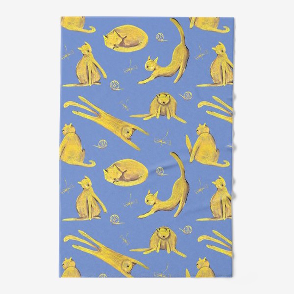 Полотенце «Желтые котики на голубом фоне Паттерн Узор с котами»