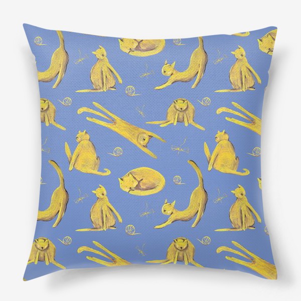 Подушка «Желтые котики на голубом фоне Паттерн Узор с котами»