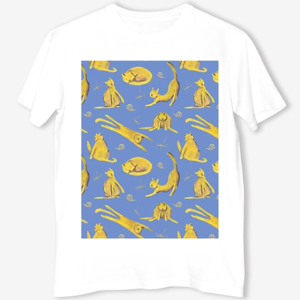 Футболка «Желтые котики на голубом фоне Паттерн Узор с котами»