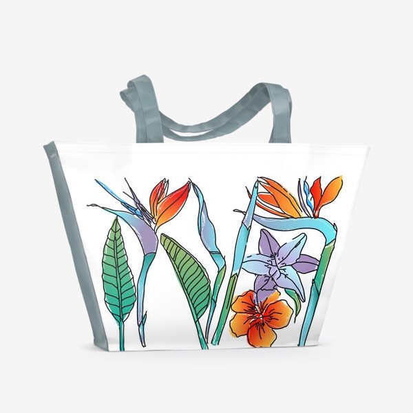 Пляжная сумка « Strelitzia. Яркие цветы стрелиции, лилия и гибискус»