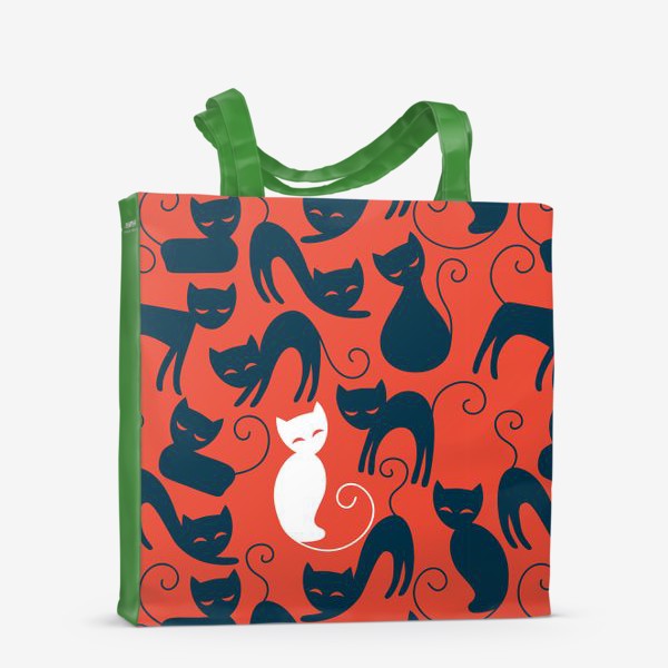 Сумка-шоппер «Хэллоуин - красный фон с черными и белыми котами»