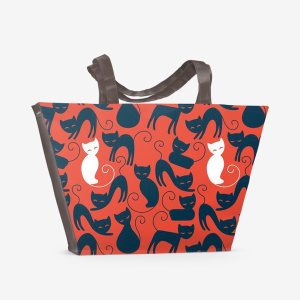 Пляжная сумка &laquo;Хэллоуин - красный фон с черными и белыми котами&raquo;