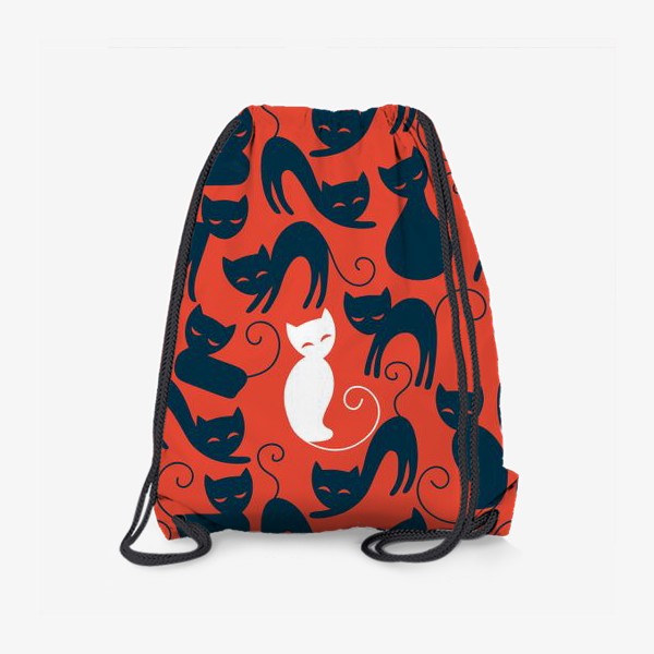 Рюкзак «Хэллоуин - красный фон с черными и белыми котами»