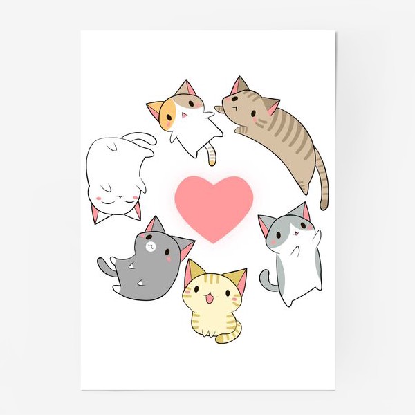 Постер «Кавайные котики с сердечком»