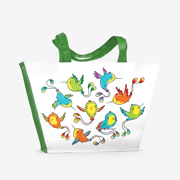 Пляжная сумка «Кавайные Разноцветные Птички Колибри»