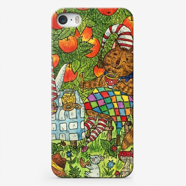 Чехол iPhone «Лис и кот пьют чай в саду»
