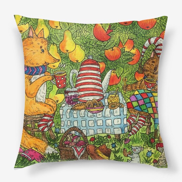 Подушка «Лис и кот пьют чай в саду»