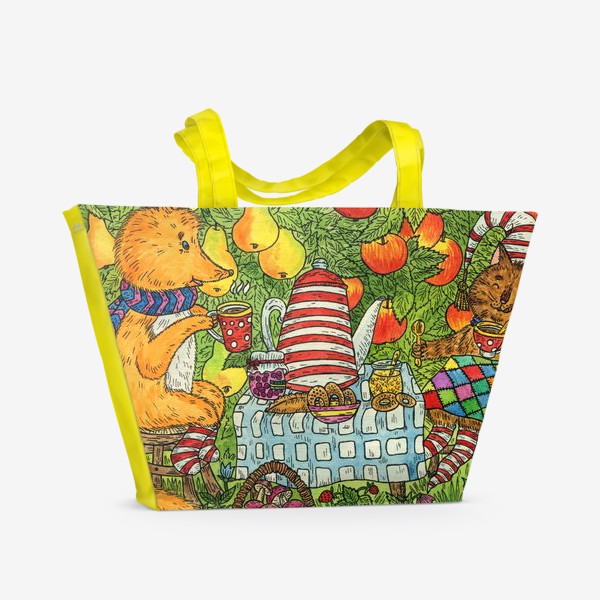 Пляжная сумка «Лис и кот пьют чай в саду»