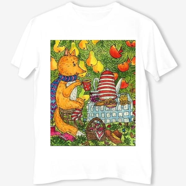 Футболка «Лис и кот пьют чай в саду»