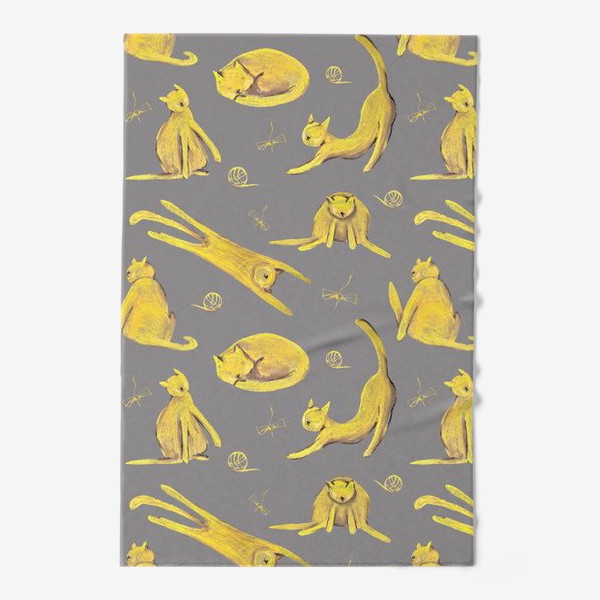Полотенце «Желтые котики на сером фоне Паттерн Узор с котами»