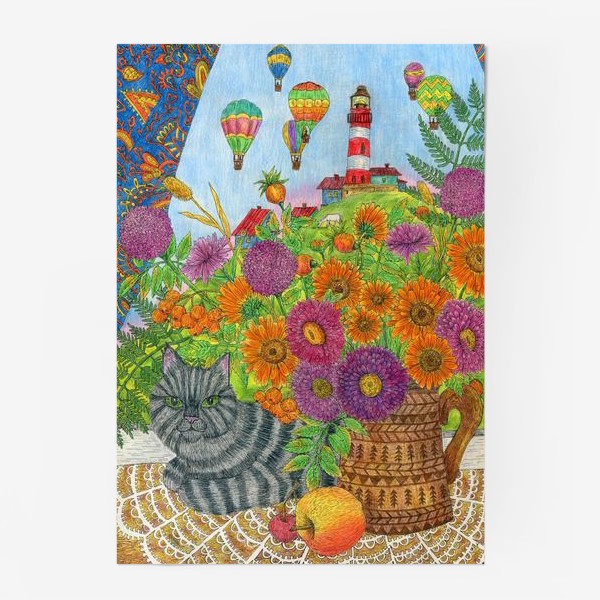 Постер «Серый кот и букет цветов»
