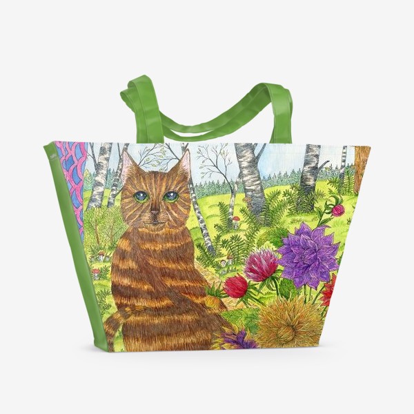 Пляжная сумка «Кошка и букет георгинов»