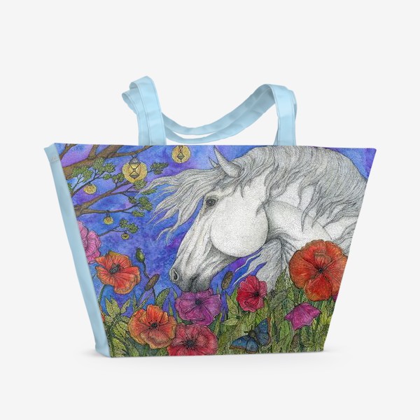 Пляжная сумка «Белая лошадь и маки»