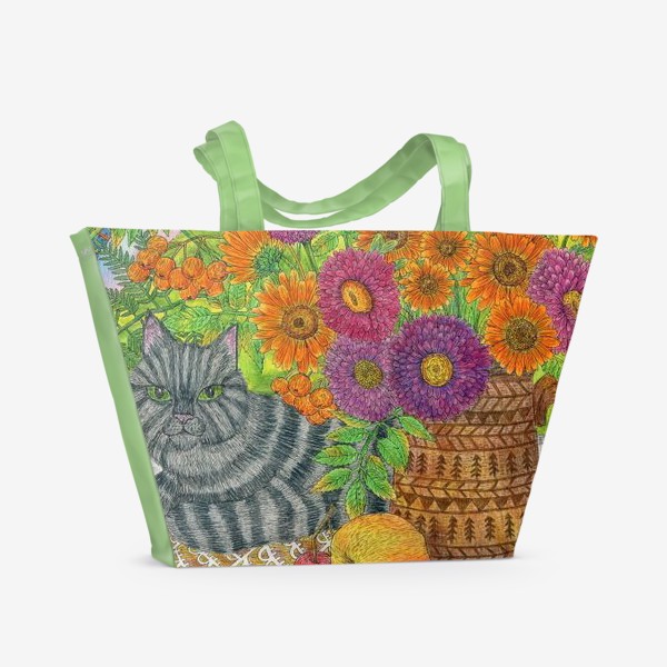 Пляжная сумка «Серый кот и букет цветов»