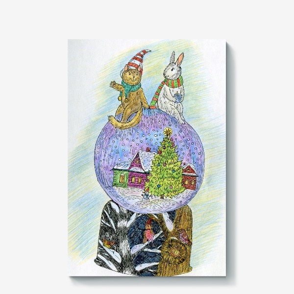 Холст «Кот и заяц на новогоднем шаре»