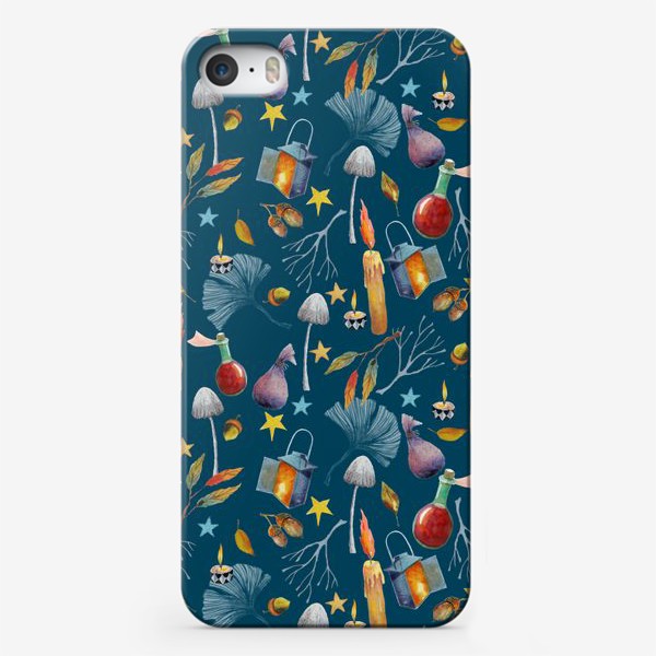 Чехол iPhone «Свечи, грибы, фонари, ветки, желуди, осенние листья, звезды. Акварель. Волшебство.»