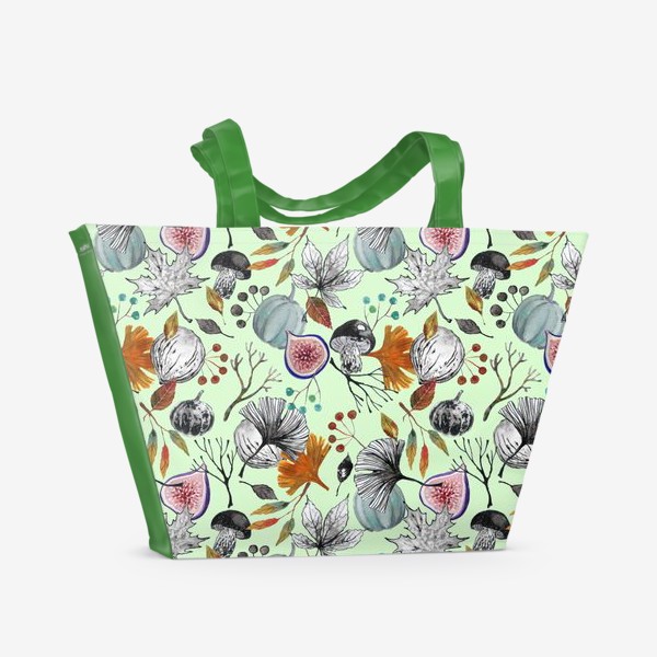 Пляжная сумка «Тыквы, инжир и осенние листья. Тушь и акварель.»