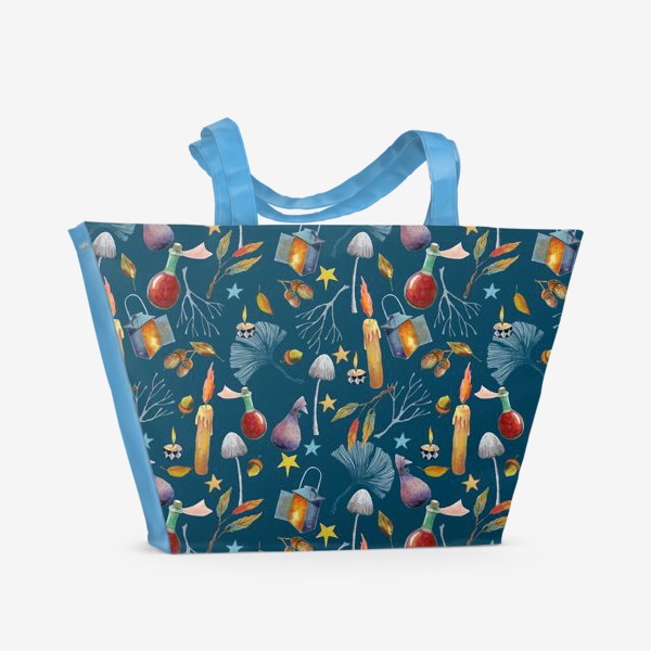 Пляжная сумка «Свечи, грибы, фонари, ветки, желуди, осенние листья, звезды. Акварель. Волшебство.»
