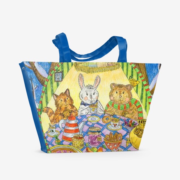 Пляжная сумка «Новогоднее чаепитие милых животных»