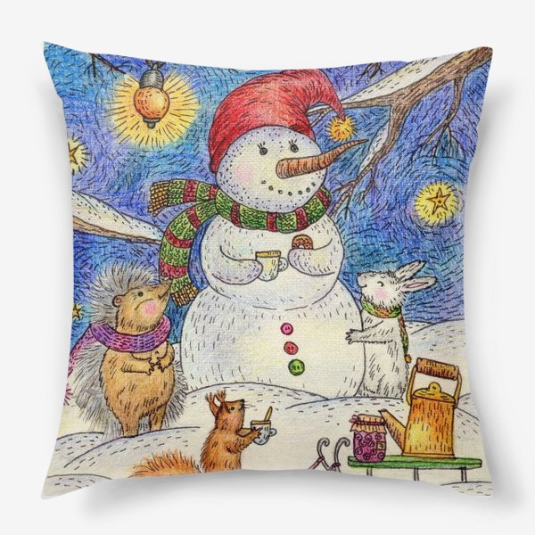 Подушка «Чаепитие веселого снеговика и милых животных»