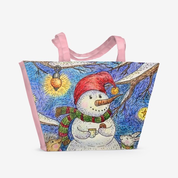 Пляжная сумка «Чаепитие веселого снеговика и милых животных»